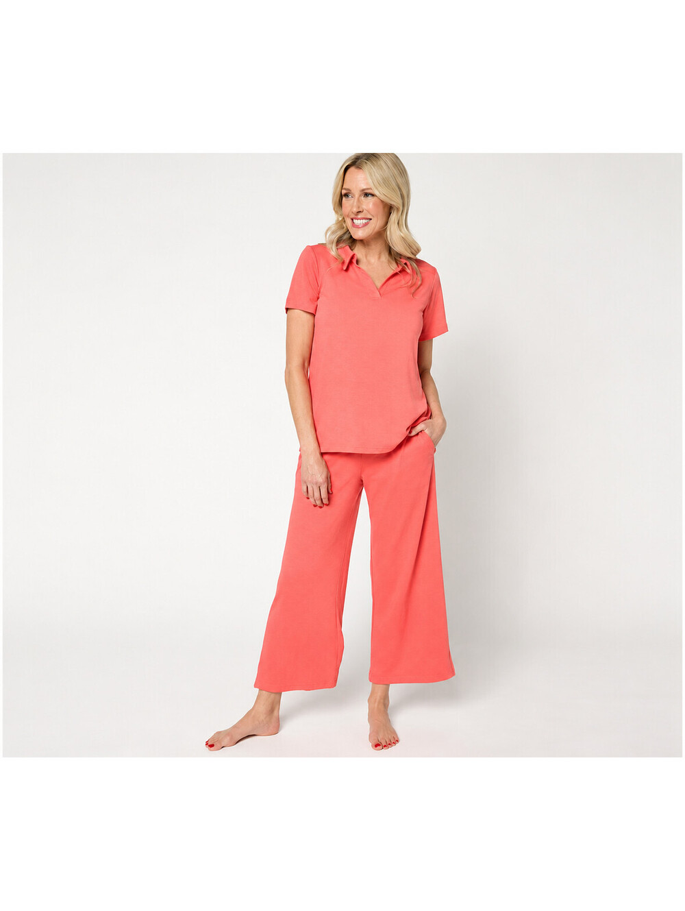 Stan Herman Crepe Knit 2-pc Collared Lounge Set Coral, Size 3X